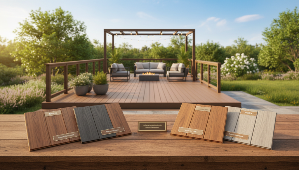 A clean, professional comparison of leading composite decking brands, prominently featuring “Backyard Paradiso” alongside other recognized brands in a visually engaging layout. In the foreground, display textured samples of composite decking boards, showcasing various colors and finishes, arranged neatly on a wooden table. In the middle ground, an elegant backdrop of a modern outdoor living space with a finished deck is softly lit, highlighting the aesthetic appeal of the composite materials. The background consists of a sunny landscape with lush greenery, evoking a serene and inviting atmosphere. The lighting should be warm and natural, enhancing the colors of the decking samples. Capture the scene from a slight elevation angle, creating a spacious and open feel. Ensure the composition flows seamlessly, inviting viewers to compare the brands effortlessly. No text overlays or watermarks should be present.