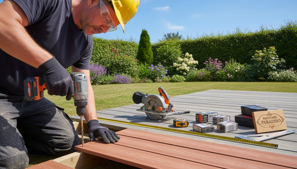 A professional contractor is skillfully installing composite decking boards in a backyard setting, showcasing various installation techniques. In the foreground, focus on the contractor, wearing a hard hat and safety glasses, using a power drill, with close-up details of their hands gripping the drill and aligning the decking. The middle ground displays a well-organized array of tools like a saw, measuring tape, and screws neatly arranged on a wooden surface beside the partially completed deck. In the background, lush greenery and a clear blue sky create a serene atmosphere, highlighting a beautiful garden space. Ensure the lighting is bright and even, capturing the vibrancy of the materials. The scene reflects professionalism, skill, and the enjoyment of outdoor projects, embodying the spirit of "Backyard Paradiso."