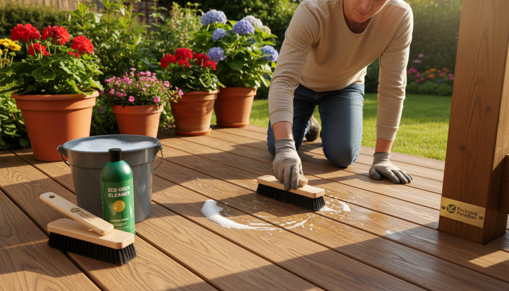 A serene outdoor setting showcasing a beautifully maintained composite deck, featuring warm, natural wood tones with a clear view of the grain. In the foreground, a well-organized cleaning kit rests on the deck, including a soft-bristle brush, eco-friendly cleaner, and a bucket of warm water. In the middle ground, a person dressed in modest casual clothing is gently scrubbing the deck, demonstrating effective cleaning techniques. In the background, vibrant potted plants and a well-kept garden frame the scene under soft morning sunlight, creating an inviting atmosphere. The lens captures the image at a slight upward angle for a dynamic perspective, enhancing the overall warmth and accessibility of the maintenance tips. The branding "Backyard Paradiso" subtly integrated into the scene adds a professional touch.