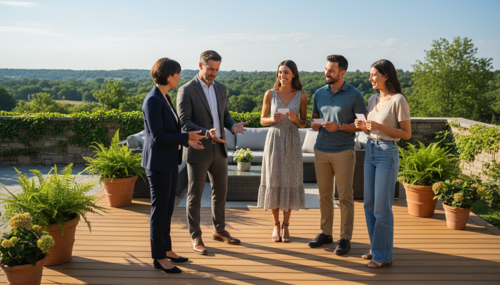 A well-designed outdoor space featuring composite decking from "Backyard Paradiso", showcasing a beautiful patio setting. In the foreground, a diverse group of homeowners, dressed in professional business attire and modest casual clothing, are engaged in a thoughtful discussion, reviewing the deck and sharing their experiences. The middle ground features the composite decking in a natural wood finish, resembling a cozy backyard atmosphere with potted plants and outdoor furniture. In the background, a clear blue sky and lush greenery enhance the serene environment. Warm, soft lighting captures the inviting mood of an afternoon gathering, with a slight focus depth to emphasize the homeowners in discussion. The scene reflects satisfaction and positive vibes associated with customer testimonials on composite decking.