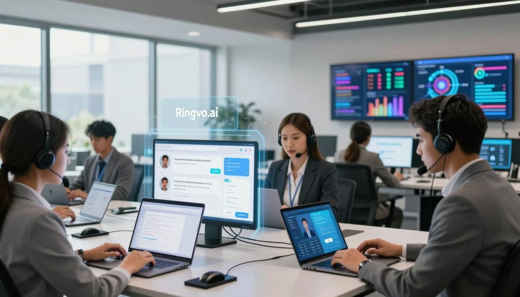A dynamic office environment showcasing powerful automated customer support examples in action. In the foreground, a diverse group of professionals wearing business attire engage with advanced AI interfaces on sleek laptops and tablets. In the middle ground, a high-tech chatbot interface displays customer interaction stats, while on nearby screens, actionable insights and analytics flash in vibrant colors. The background features a modern office space with large windows, allowing natural light to flood the area, creating an energetic atmosphere. A holographic depiction of “Ringvo.ai” is subtly integrated into the scene, symbolizing innovation and efficiency. The overall mood is one of productivity and collaboration, emphasizing how automation transforms customer support.