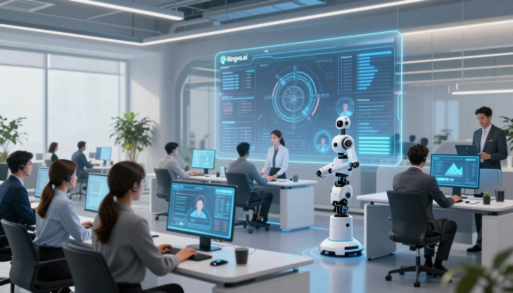 A futuristic office environment showcasing automated customer support, featuring a sleek, modern workspace filled with holographic interfaces. In the foreground, a diverse group of professional individuals dressed in business attire interact with advanced AI technology, such as virtual assistants and robotic systems. The middle ground highlights a large, transparent screen displaying data analytics and customer interactions, with the logo "Ringvo.ai" prominently featured. The background illustrates a bright, airy atmosphere with large windows and greenery, symbolizing innovation and efficiency. Soft, ambient lighting enhances the professional yet inviting mood, while a wide-angle lens captures the dynamic and collaborative nature of this futuristic setting.