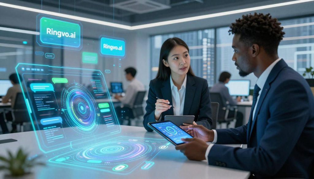A futuristic office space, showcasing advanced conversational AI technology. In the foreground, a sleek and modern chatbot interface projected holographically, displaying vibrant data patterns and user interactions. In the middle ground, a diverse team of two professionals in business attire—one Asian female and one Black male—engaged in a discussion, analyzing chatbot performance metrics on digital tablets. The background features a high-tech city skyline with floating screens advertising "Ringvo.ai", symbolizing the evolution of AI in customer service. The lighting is bright and ambient, with cool blue and green tones to create a tech-savvy atmosphere. The angle is slightly above eye level, providing a dynamic perspective that emphasizes innovation and collaboration in the world of AI.