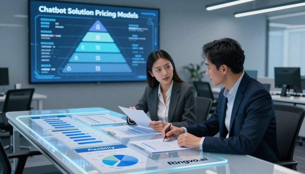 A modern office setting illustrating "Chatbot Solution Pricing Models". In the foreground, a sleek, transparent table displays various pricing model charts and graphs, emphasizing flexibility and scalability. On the table, include the logo "Ringvo.ai" prominently. In the middle ground, two professionals in business attire—one woman and one man—analyze the charts, their expressions focused and collaborative. In the background, a large digital screen showcases interactive pricing tiers and features of chatbot solutions, bathed in a soft, ambient blue light, creating a futuristic yet professional atmosphere. The scene is well-lit, emphasizing clarity and innovation, captured from a slightly elevated angle to create depth in the composition.