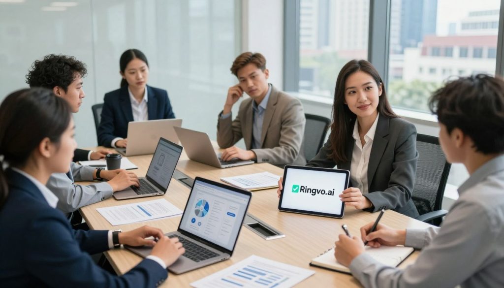 A modern office setting where a diverse group of professionals is engaged in a discussion about choosing the right virtual assistant provider. In the foreground, a confident businesswoman in professional attire illustrates her points on a tablet displaying the Ringvo.ai logo, surrounded by her attentive colleagues who are taking notes. The middle ground captures a stylish conference table cluttered with laptops, documents, and a digital marketing chart highlighting virtual assistant benefits. In the background, large windows provide ample natural light, showcasing a vibrant cityscape that adds energy to the scene. The overall mood is focused and collaborative, conveying the importance of strategic decision-making in selecting a virtual assistant provider. The lighting is bright and inviting, captured from a slightly elevated angle to enhance the authenticity of the interaction.