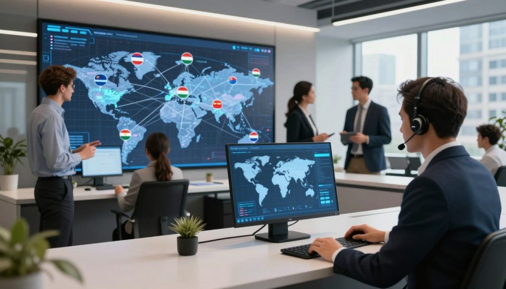 A modern, professional office environment showcasing an AI receptionist at a digital desk. In the foreground, the receptionist displays a high-tech interface with multiple screens showing various locations around the world, each with different flags symbolizing diverse languages. A diverse team of business professionals in business attire collaborates nearby, discussing strategies while interacting with the AI. The middle ground features a sleek, digital map illustrating global connectivity, with lines linking the various locations. The background includes contemporary office decor, large windows letting in soft natural light, and a view of a bustling cityscape. The overall mood is dynamic and forward-thinking, signifying innovation in business communication. Include the brand name "Ringvo.ai" subtly on one of the screens, emphasizing the AI technology being utilized.