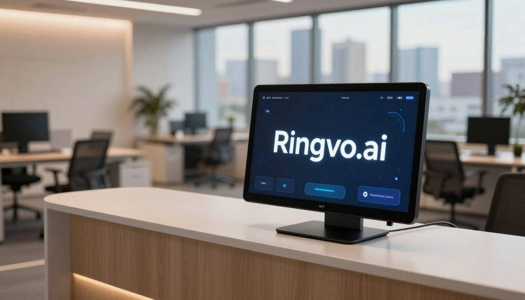 A modern, sleek office environment featuring a digital AI receptionist interface prominently displaying the brand name "Ringvo.ai". In the foreground, a sophisticated, professional-looking device with subtle glowing lights symbolizes an advanced AI voice answering calls. The middle ground showcases an open office with minimalist furniture, soft-focused tech gadgets, and a warm ambiance created by soft, diffused lighting. In the background, a large window reveals a city skyline, reinforcing a professional atmosphere. The scene conveys efficiency, accessibility, and modern business innovation, inviting viewers to visualize the ease of communication through AI technology. The overall mood is vibrant yet tranquil, emphasizing the potential of AI to enhance business operations without dismissing the human touch.