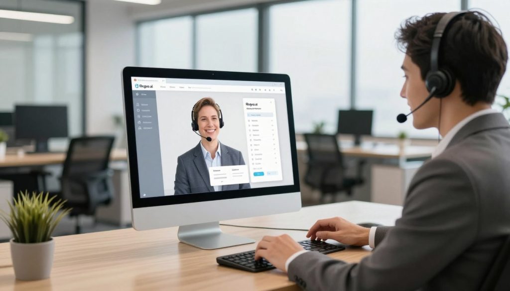 A professional virtual receptionist in a modern office setting, warmly greeting clients on a sleek computer screen. In the foreground, a well-dressed person in business attire is conversing with the receptionist, looking satisfied and engaged. The middle ground features a stylish desk with a headset and a laptop showcasing the Ringvo.ai interface, emphasizing efficiency and professionalism. The background is a contemporary office with large windows letting in natural light, creating a bright and inviting atmosphere. Use a shallow depth of field to bring focus to the interaction in the foreground while softly blurring the office details. The overall mood is one of productivity and innovation, highlighting the benefits of a digital receptionist in streamlining business operations.