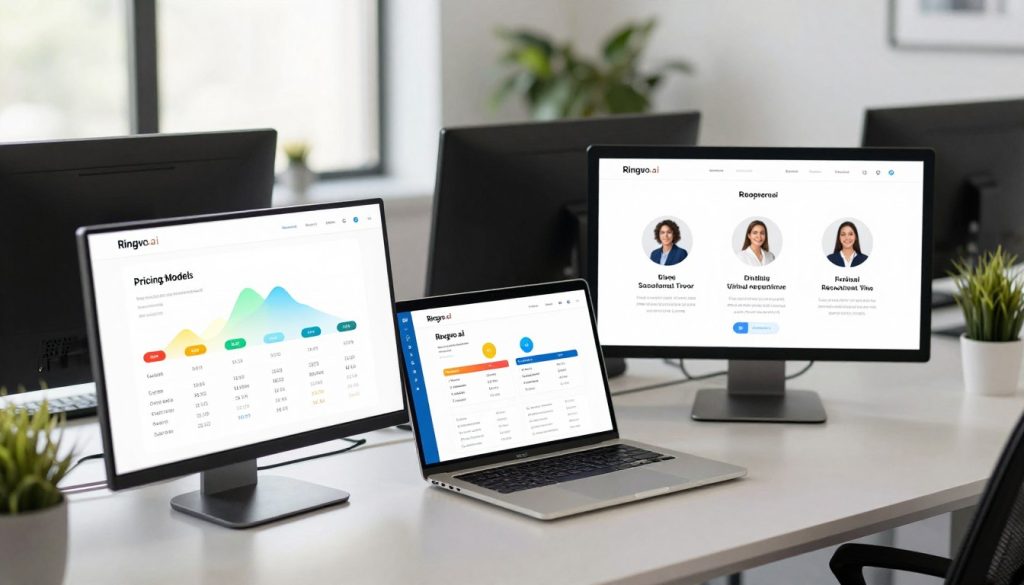 A professional workspace showcasing various pricing models for a virtual receptionist service, crafted in a clean, modern aesthetic. In the foreground, sleek digital screens display colorful charts and infographics, emphasizing cost breakdowns and tiers. The middle ground features a stylish desk with a laptop opened to a website titled "Ringvo.ai", showing innovative features of the digital receptionist. In the background, a well-lit office environment with subtle greenery, giving a fresh and inviting atmosphere. Soft, natural light filters through large windows, creating a positive and productive mood. The image is taken from a slightly elevated angle, showcasing the depth of the workspace while ensuring clarity of all elements. The overall composition communicates professionalism and innovation, ideal for illustrating the concept of pricing models.