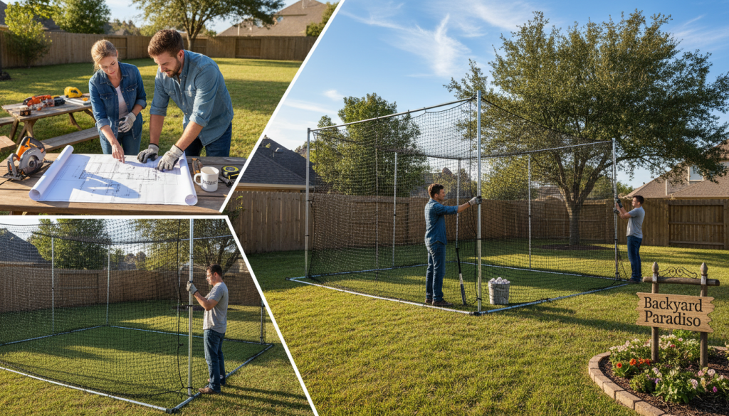 A step-by-step DIY batting cage construction guide set in a spacious suburban backyard. In the foreground, tools like a saw, measuring tape, and blueprint lay on a picnic table, showing detailed plans for the cage. In the middle, a partially constructed batting cage stands, with strong netting and metal frames, with a baseball bat and balls visible nearby, suggesting ongoing work. The background features a well-maintained lawn and trees under a bright, sunny sky, enhancing the atmosphere of a productive day outdoors. The scene is bathed in natural sunlight, giving it a warm, inviting feel. Professional individuals in modest casual clothing are shown collaborating and discussing the plans, representing teamwork. The name "Backyard Paradiso" is subtly integrated into the scene through a decorative garden sign, enhancing the focus on DIY home projects.