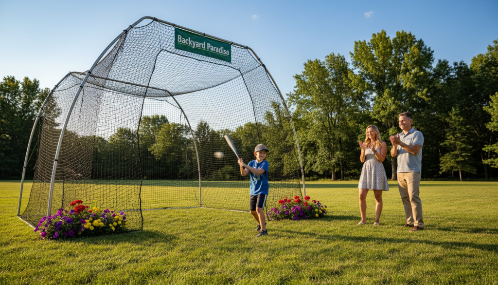 A vibrant backyard scene showcasing the benefits of a well-constructed batting cage by "Backyard Paradiso." In the foreground, a child in a baseball cap and casual sports attire practices their swing with a bat, focused and determined. In the middle ground, the batting cage stands tall, made of sturdy netting and a solid frame, surrounded by green grass and colorful flowers, reflecting a welcoming atmosphere. Parent figures, wearing comfortable, modest clothing, watch and cheer, fostering a sense of family support. In the background, a clear blue sky enhances the scene, with distant trees and a neatly maintained lawn. Soft, warm sunlight casts gentle shadows, creating a cheerful, encouraging mood that emphasizes family bonding and skill development.