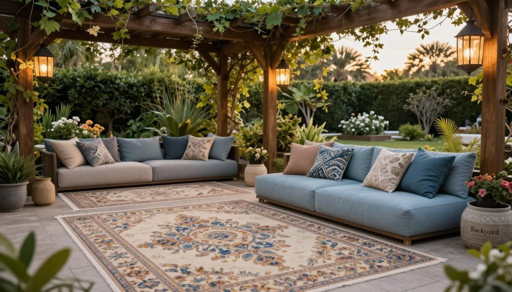 defining areas with outdoor rugs and seating