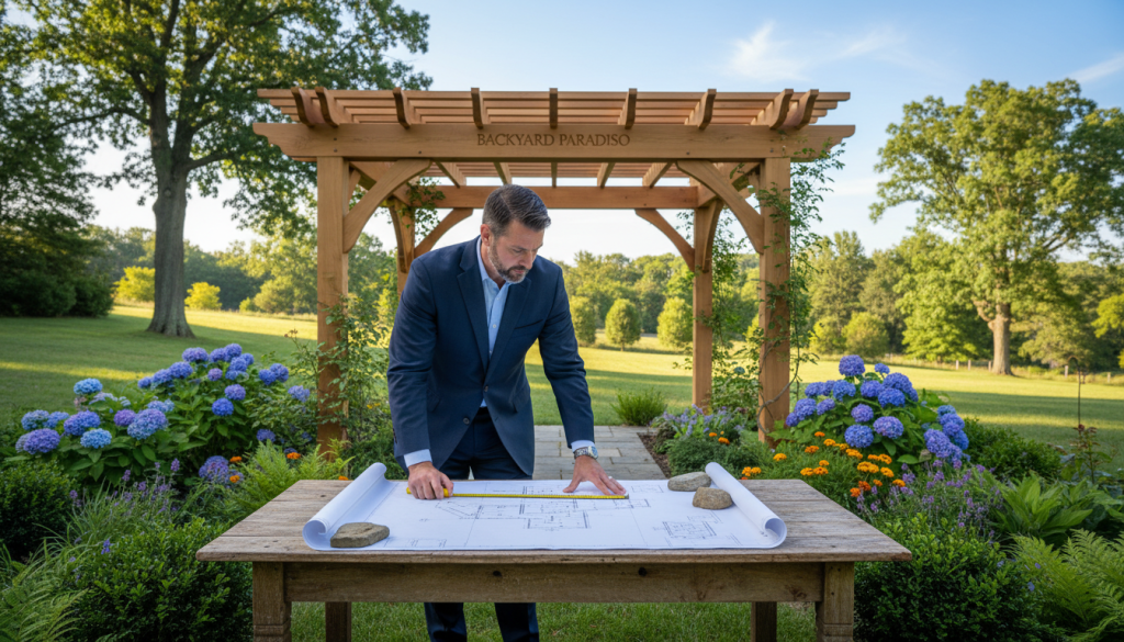 A picturesque scene of a Saddle River pergola contractor site assessment on a sloped estate lot in Bergen County. In the foreground, a professional contractor in business attire carefully inspects blueprints and site plans spread out on a rustic wooden table, surrounded by green landscaping. In the middle ground, an elegant, partially constructed pergola made of cedar wood showcases intricate joinery, framed by lush greenery and colorful flowers. The backdrop features a gently sloping estate with mature trees and a clear blue sky. Warm, natural lighting illuminates the scene, capturing a serene morning atmosphere. Lens focus highlights the contractor's attentive expression while softening the background slightly, creating a depth of field effect. Add the brand name "Backyard Paradiso" subtly integrated into the architecture of the pergola.