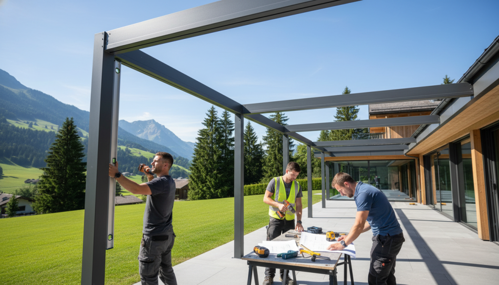 A professional installation scene depicting the aluminum pergola assembly process in an upscale Alpine estate property. In the foreground, skilled workers in modest casual clothing are carefully measuring and adjusting aluminum beams, showcasing precision tools like levels and drills. The middle ground features the partially assembled pergola structure, with a sleek, modern design, highlighting its elegant lines and durability. In the background, lush greenery typical of the Alpine landscape and a hint of a pristine Palisades property can be seen under a clear blue sky. The lighting is bright and natural, emphasizing the craftsmanship and the serene atmosphere of a peaceful installation day. The image captures a mood of professionalism and sophistication, ideal for showcasing the pergola process in an upscale outdoor setting.