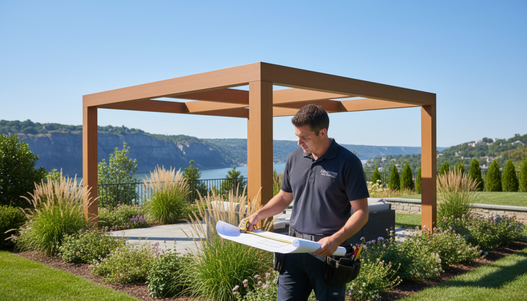 A skilled pergola installer in professional attire, carefully measuring and planning a modern aluminum pergola on a luxurious Palisades estate in Alpine, NJ. In the foreground, the installer holds a blueprint and a tape measure, focused on precise installation details. The middle ground features the partially constructed pergola, showcasing sleek lines and contemporary design, with rich, warm aluminum finishes. Surrounding it, lush greenery and elegant landscaping reflect the upscale ambiance typical of Palisades properties. The background reveals a stunning view of the Palisades cliffs under a clear blue sky, with soft, natural lighting enhancing the serene and professional atmosphere. The image captures the essence of craftsmanship and the beauty of outdoor spaces.