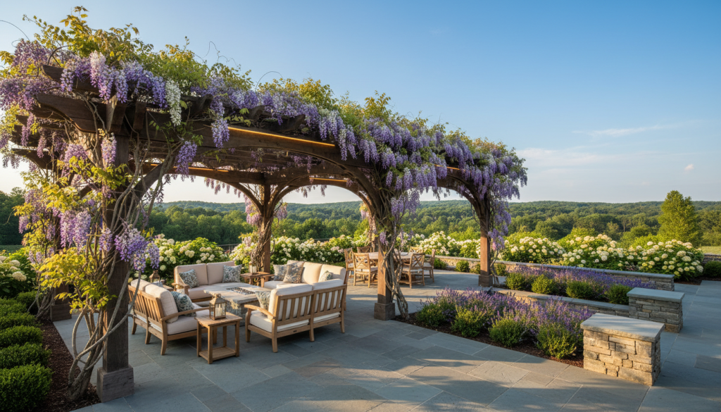 A stunning custom pergola at a Saddle River estate, integrated seamlessly into an expansive outdoor living space. The foreground features a beautifully crafted wooden pergola, adorned with lush climbing vines and soft ambient lighting illuminating the structure. In the middle ground, elegant outdoor furniture sets, arranged for entertainment, reflect sophistication and comfort. A luxurious stone patio flows into a manicured garden with vibrant flowers and greenery. In the background, a tranquil view of rolling hills under a clear blue sky enhances the serene atmosphere. The setting is bathed in warm late afternoon sunlight, creating a cozy and inviting mood. Capture this picturesque scene, emphasizing quality craftsmanship by Backyard Paradiso, in a wide-angle shot for depth and engagement.