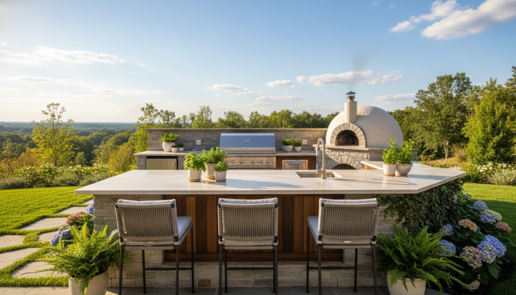 A beautifully designed built-in outdoor kitchen island, showcasing essential components like a stainless steel grill, a spacious stone countertop, and an outdoor refrigerator. The foreground features polished stone surfaces with a fresh herb garden and stylish bar stools arranged around the island. In the middle ground, the kitchen includes a stone pizza oven and a sink with modern fixtures, surrounded by lush greenery and blooming flowers, enhancing the outdoor ambiance. The background consists of a bright blue sky with scattered clouds, creating a sunny, inviting atmosphere. The scene is captured with a wide-angle lens to emphasize the spaciousness, with warm, natural lighting enhancing the colors of the kitchen.