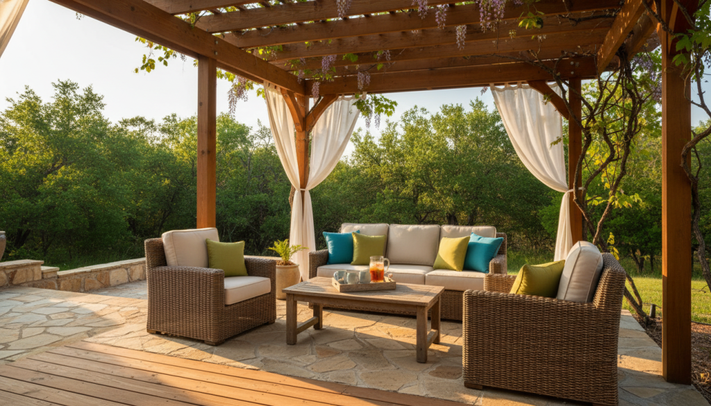 A beautifully designed pergola providing shade over a patio in San Antonio, Texas. In the foreground, a cozy outdoor seating area with elegant wicker furniture and plush cushions under the structure, casting intricate shadows on the wooden deck. The middle ground features the pergola adorned with climbing vines and soft fabric drapery, filtering sunlight and creating a serene atmosphere. In the background, vibrant green trees typical of San Antonio, and a clear blue sky. The lighting is warm and inviting, suggesting a late afternoon setting. The overall mood is tranquil and welcoming, ideal for a peaceful retreat in a suburban backyard. Capture the essence of summer comfort and outdoor living.