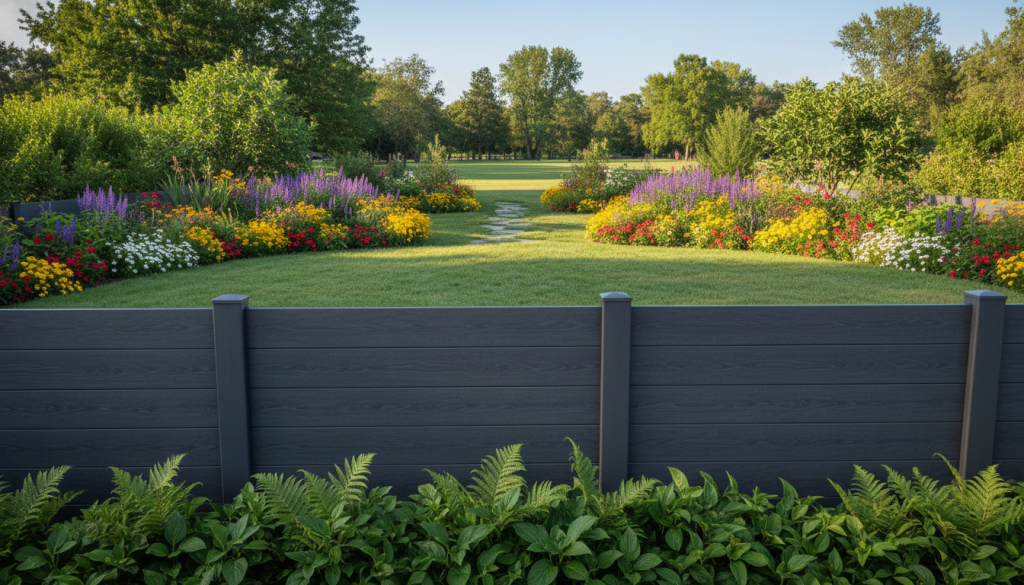 A beautifully landscaped backyard featuring a fade-resistant privacy fence. In the foreground, show a sleek, modern fence made of high-quality composite materials, exhibiting a rich color that stands out against lush green foliage. In the middle ground, depict vibrant flower beds and manicured grass, with sunlight casting gentle shadows on the ground. In the background, add a serene view of a distant park or trees, under a clear blue sky that enhances the peaceful atmosphere. Use soft, natural lighting to convey a warm and inviting mood, and utilize a slightly elevated angle to capture the full beauty and structure of the fence against its surroundings.