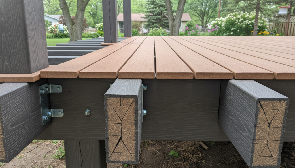 A detailed cross-section of a composite deck substructure showcasing the integrity and material selection principles. In the foreground, highlight the robust framework of supporting beams and posts, constructed from high-quality composite material, showcasing textures and colors. In the middle ground, illustrate the decking boards laid flush, demonstrating proper spacing for drainage and airflow. The background should feature a well-maintained backyard in Romeoville, with trees and landscaping elements softly blurred to emphasize the deck structure. Use natural daylight with soft shadows to create an inviting atmosphere, captured from a slightly elevated angle. The mood should convey durability and reliability, focusing on the engineering aspects of deck construction without distractions.