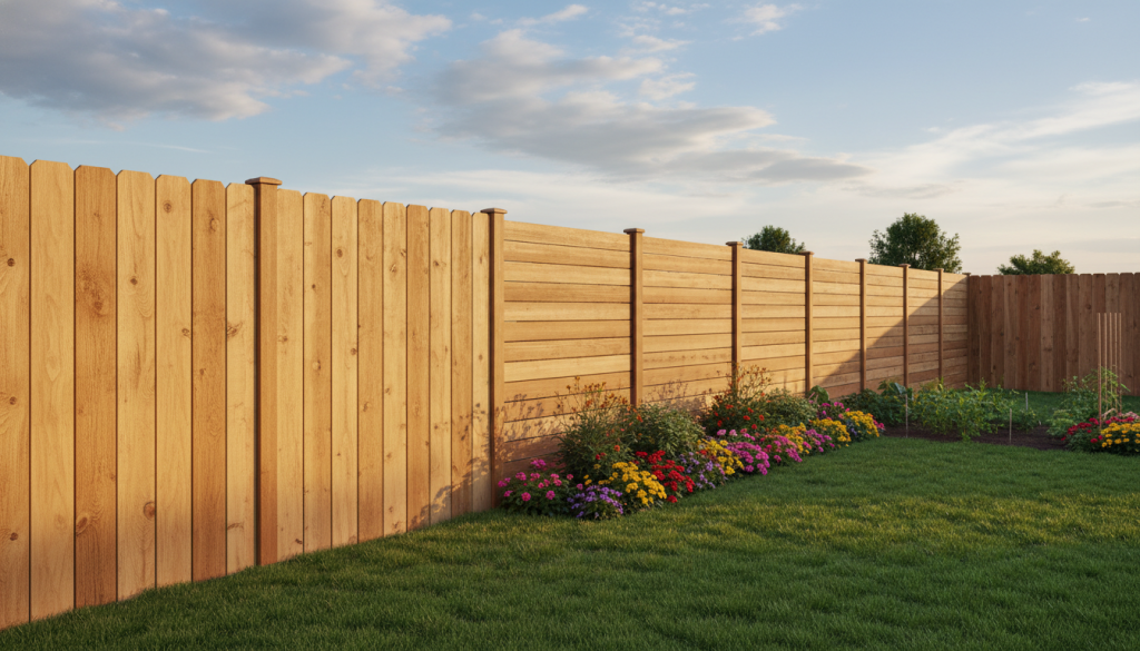 A peaceful suburban backyard scene showcasing two distinct privacy fence styles for residential properties. In the foreground, a beautifully crafted board-on-board fence with vertical boards alternating in height, exhibiting a natural wood finish and slight grain texture, stands tall, creating a sense of enclosure. Beside it, a tongue-and-groove fence, featuring horizontal planks tightly fitted together, showcasing rich color variations and smooth lines. The middle ground features a well-manicured lawn with colorful flower beds and a small garden, adding vibrancy to the scene. In the background, a soft blue sky with fluffy white clouds enhances the serene atmosphere. The lighting is warm and inviting, capturing the golden hour glow, emphasizing the details of the wood grains. The angle is slightly elevated, providing a clear view of both fence styles side by side.