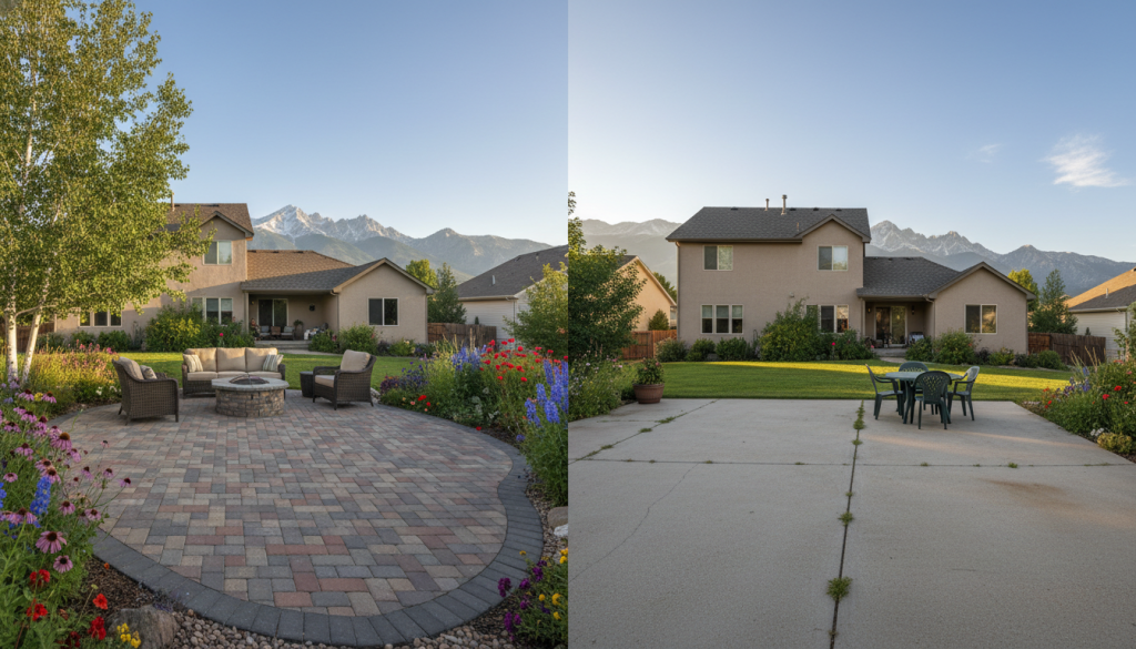 A picturesque outdoor space in Colorado Springs showcasing a vibrant comparison between a paver patio and a concrete patio. In the foreground, a beautifully designed paver patio with a variety of stone colors and intricate patterns, surrounded by lush greenery, flowers, and shaded areas. The middle ground features a standard gray concrete patio with subtle cracks, set against a backdrop of a typical suburban home in the area. The Rocky Mountains rise in the background, bathed in warm golden sunlight during a late afternoon, casting soft shadows that highlight the textures of both surfaces. The mood evokes tranquility and contemplation, emphasizing the thoughtful choice between pavers and concrete for long-term patio performance. A clear blue sky completes the serene atmosphere, inviting viewers to imagine their ideal outdoor space.