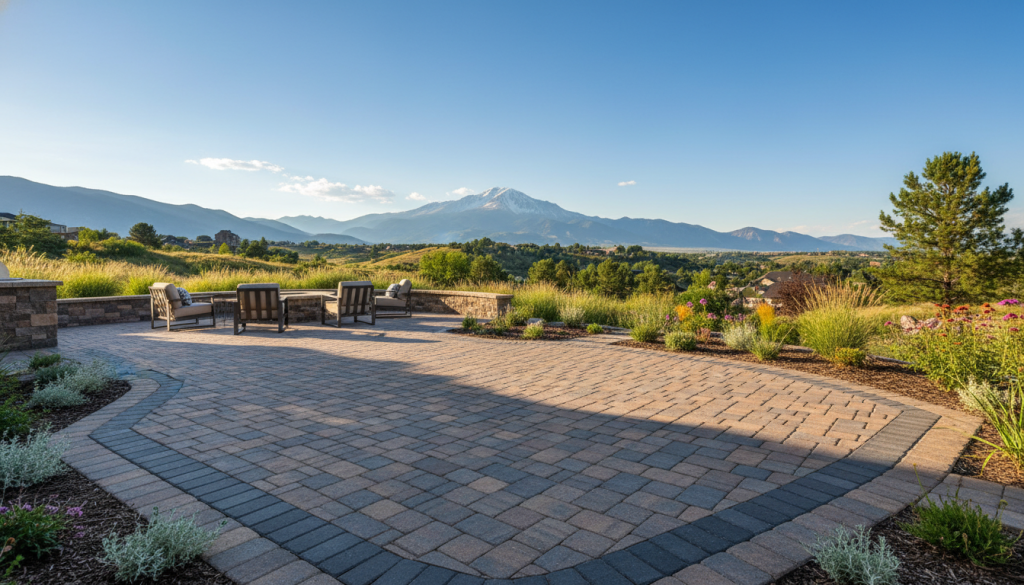A picturesque patio scene in Colorado Springs, showcasing a freeze-thaw resistant patio made from interlocking pavers. In the foreground, detailed, textured pavers are laid out in an intricate pattern, with small patches of resilient native plants peeking through. The middle ground features the patio surrounded by a nicely maintained landscape, with gentle slopes leading to nearby mountains under a bright blue sky. The background displays the iconic Pikes Peak, clearly visible, enhancing the regional context. The lighting is warm and inviting, casting soft shadows to highlight the patio's design. The mood is serene and welcoming, perfect for outdoor living, emphasizing the durability and aesthetic appeal of the materials chosen for the Colorado Springs climate.