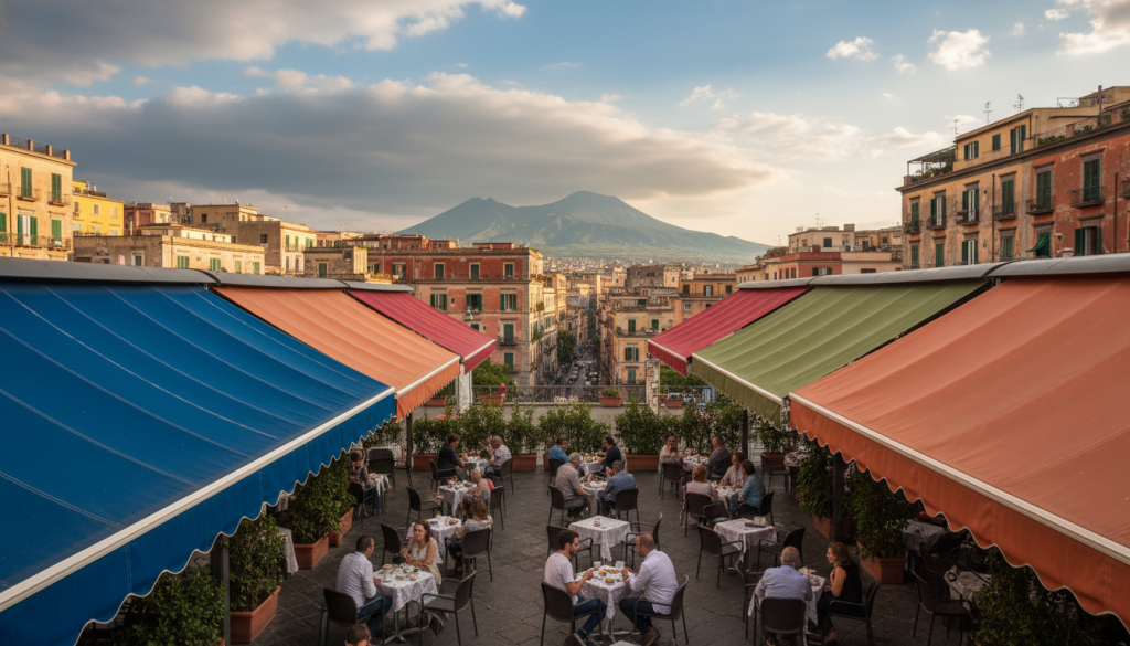 A scenic view of Naples, showcasing the city's vibrant architecture and mountainous backdrop under a dynamic sky. In the foreground, depict a variety of retractable awnings in different colors and styles, tensioned and ready to provide shelter against rain and sun. The middle ground highlights lively outdoor cafes with patrons dressed in modest casual clothing, enjoying the weather under the awnings. In the background, reveal the majestic Mount Vesuvius against a partially cloudy sky, illustrating Naples’ climate variability. Use soft yet vivid lighting to capture the warmth of the sun breaking through the clouds. The angle should be slightly elevated, providing a sweeping perspective of a bustling street that emphasizes the interplay between outdoor life and weather, conveying a mood of resilience and adaptability.