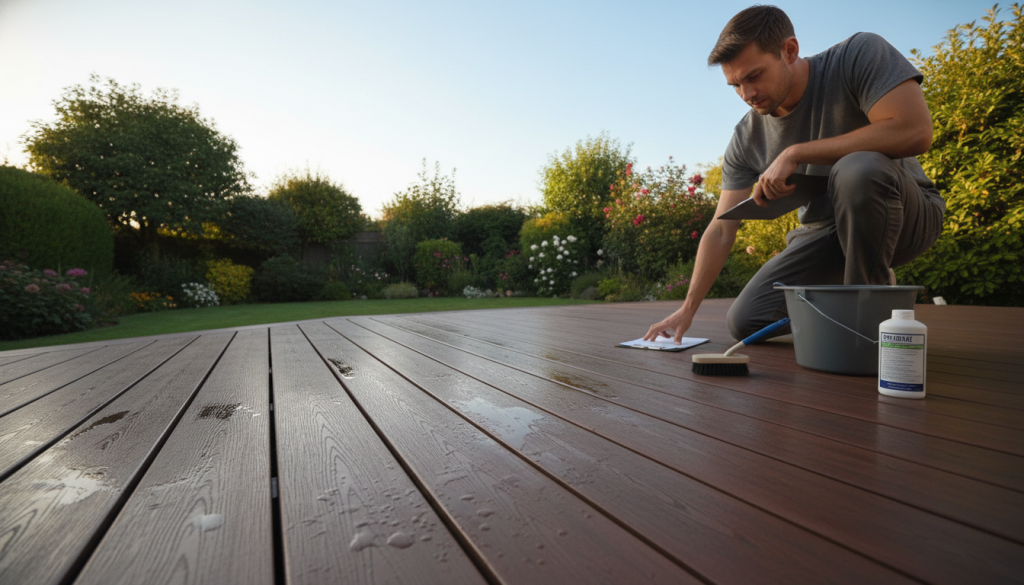 A serene backyard scene showcasing a well-maintained composite deck, emphasizing longevity and maintenance protocols. In the foreground, a professional-looking individual in modest casual clothing inspects the deck with a clipboard in hand, demonstrating diligent maintenance. The middle layer features the composite deck, clean and vibrant, with a protective sealant visibly applied, along with tools like a soft brush and a cleaning solution next to it. In the background, lush greenery and a clear blue sky create a calm, inviting atmosphere. The lighting is warm and natural, hinting at late afternoon, casting soft shadows for a subtle touch. The angle captures both the deck's surface and the person, highlighting the importance of upkeep in preserving outdoor spaces.