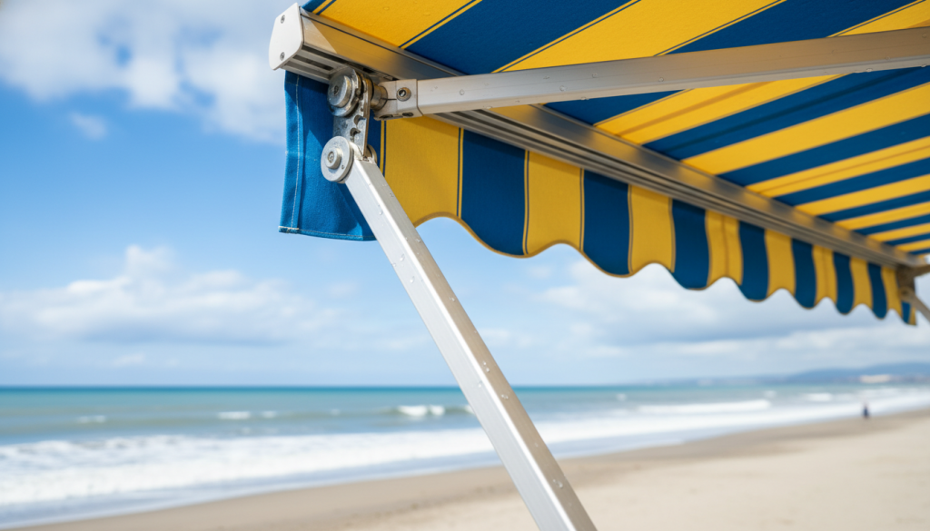 A sophisticated retractable arm system designed for awnings, prominently displayed in the foreground. The system features sleek, durable metal mechanisms, showcasing articulated joints and a compact profile, emphasizing its engineering. In the middle ground, a partially unfurled awning is displayed, made from weather-resistant fabric, reflecting a combination of sun protection and rain resistance, vibrant in color to stand out against the coastal backdrop. The background captures a picturesque Naples environment, with gentle waves lapping at a sandy beach under a bright blue sky mixed with fluffy white clouds, hinting at changing weather conditions. Bright, natural lighting enhances the scene, with a shallow depth of field focusing on the retractable system. The mood conveys innovation and resilience, emphasizing the durability of materials in coastal climates.
