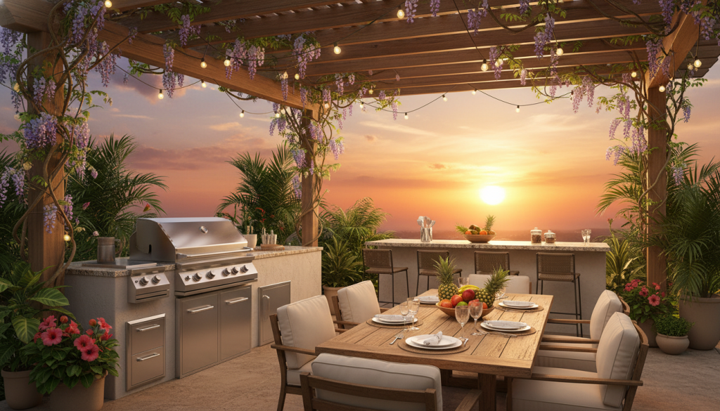 A spacious outdoor kitchen nestled beneath a beautifully designed wooden pergola, adorned with climbing vines and soft, ambient string lights. In the foreground, a sleek stainless-steel grill and a rustic wooden dining table are set for a casual gathering, complemented by comfortable seating with plush cushions. In the middle ground, an island bar with modern bar stools showcases vibrant fruit and cooking utensils, suggesting a lively atmosphere. Luscious green plants and ornamental flowers frame the scene, promoting a tropical feel. In the background, a softly lit sunset casts warm golden hues, contributing to a relaxed, inviting mood. Captured with a wide-angle lens to emphasize depth, this image encapsulates the essential elements of an outdoor kitchen tailored for Orlando's climate, perfect for entertaining guests year-round.