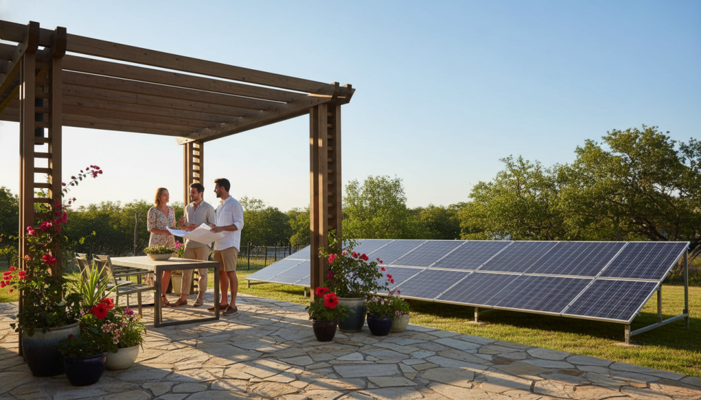 A sun-drenched San Antonio backyard scene showcasing a beautifully designed patio. The foreground features a stylish pergola casting dappled shadows on the patio floor, surrounded by vibrant potted plants and comfortable, modestly attired individuals discussing patio orientation and solar exposure. In the middle ground, an array of sun-tracking solar panels glisten under the Texas sun, highlighting the importance of solar exposure. The background reveals a clear blue sky, typical of San Antonio, with distant trees providing a natural frame, enhancing the tranquil atmosphere. The lighting is warm and inviting, reminiscent of late afternoon sun, with soft shadows accentuating the detailed textures of the patio's surface. The angle is slightly elevated, capturing the layout and orientation of the patio in relation to the sun’s rays, perfect for understanding solar exposure.