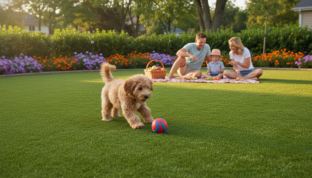 A vibrant pet-friendly turf in a sunny backyard setting. In the foreground, a soft, lush green artificial grass where a small dog happily plays with a colorful ball, showcasing its safety and comfort for pets. In the middle ground, a family of two adults and a child, dressed in casual, comfortable clothing, enjoy a picnic on a blanket, demonstrating the user-friendly aspect of the space for both pets and children. In the background, a row of colorful flowers and trees create a serene suburban atmosphere. The lighting is warm and inviting, suggesting a late afternoon sun, with soft shadows for depth. Capture a cheerful and safe environment that emphasizes the appeal of artificial grass for family enjoyment.