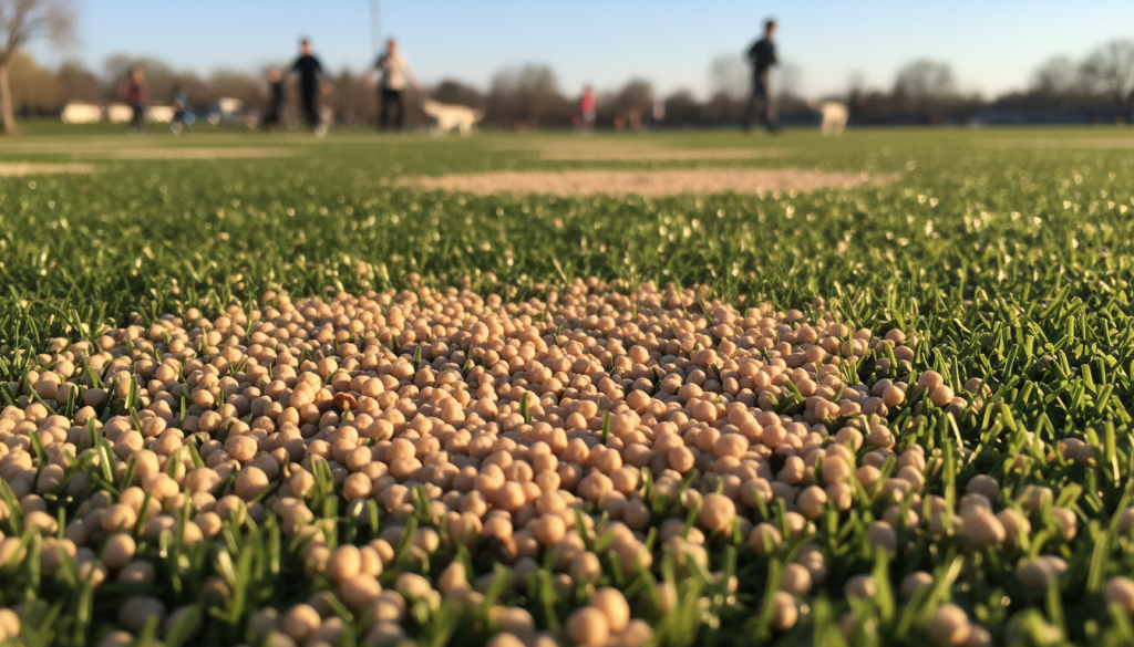 An intricate close-up view of antimicrobial infill for synthetic turf, showcasing small, rounded granules sprinkled across a vibrant green artificial grass surface. The foreground features a focus on the infill granules, glistening softly under bright natural sunlight, with a few specks of dirt for realism. In the middle ground, neatly manicured patches of artificial grass create a lush, inviting landscape. The background includes a blurred, sunny park scene with families and pets enjoying safe play areas, evoking a sense of fun and well-being. The lighting is bright and warm, suggesting a sunny day in Denver, fostering a feeling of safety and cleanliness. Shot from a slightly elevated angle to capture both the detail of the infill and the wider recreational setting.
