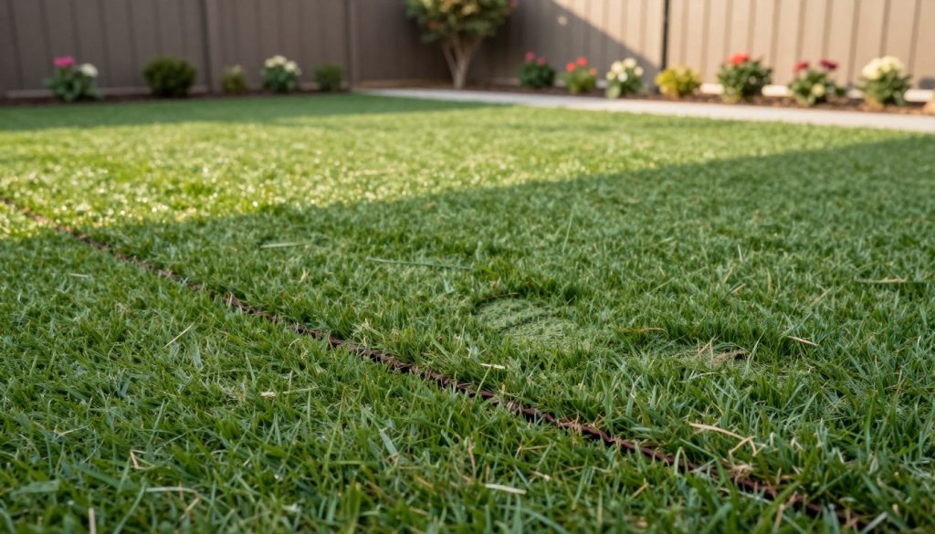 Residential turf showing foot traffic near a worn seam